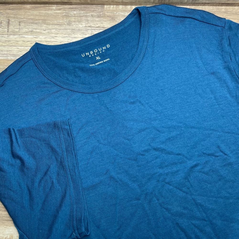 Unbound Merino 100% Merino Wool Crewneck T-Shirt Men's XL Teal Blue Natural EUC